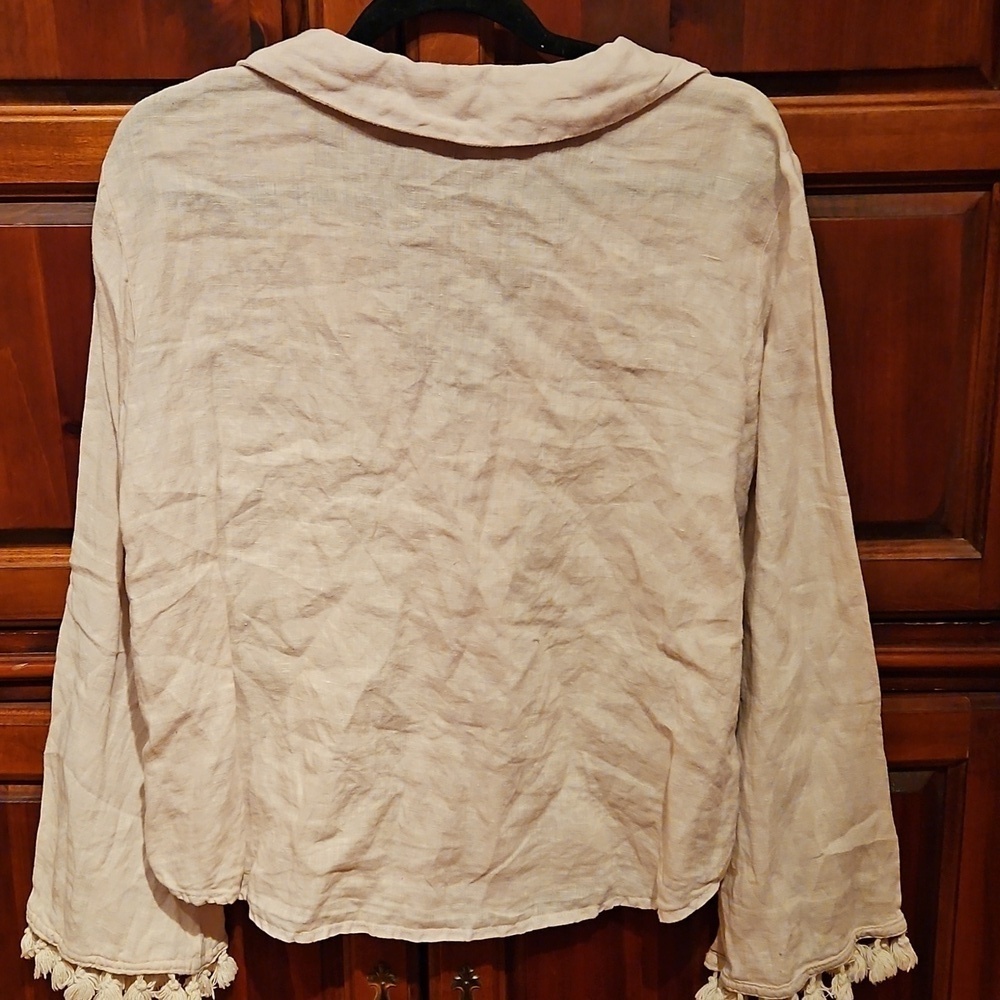 Zara Cream V-Neck Button Down, Fringe On Sleeves, Boho, Sz Med. - Picture 5 of 7